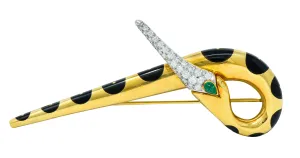 Michael Bondanza Pave Diamond Onyx Emerald Platinum 18 Karat Gold Heron Brooch
