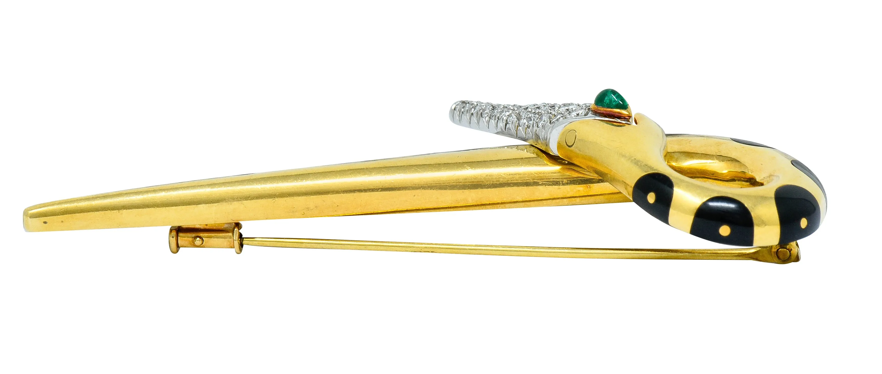Michael Bondanza Pave Diamond Onyx Emerald Platinum 18 Karat Gold Heron Brooch