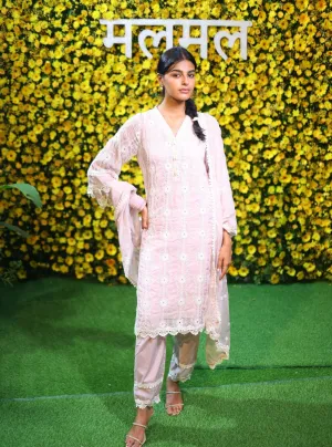 Mulmul Organza Izetta Dusty Pink Kurta With Mulmul Cotton Izetta Dusty Pink Pant