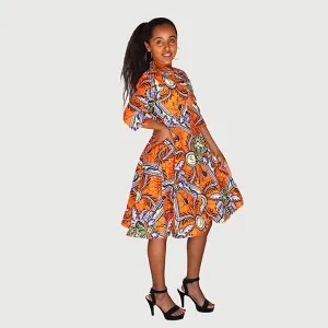 Multi Color Traditional African Kitenge Wax Print Hollandaise Orange Knee Length Dress