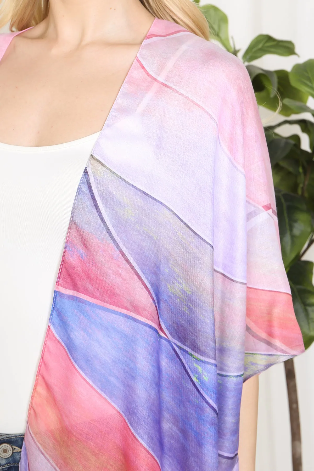 MULTICOLOR ABSTRACT PRINT TASSEL OPEN FRONT KIMONO