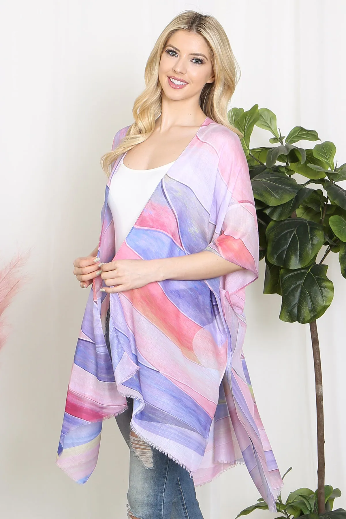 MULTICOLOR ABSTRACT PRINT TASSEL OPEN FRONT KIMONO