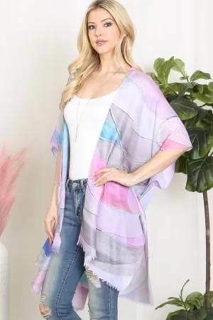 MULTICOLOR ABSTRACT PRINT TASSEL OPEN FRONT KIMONO