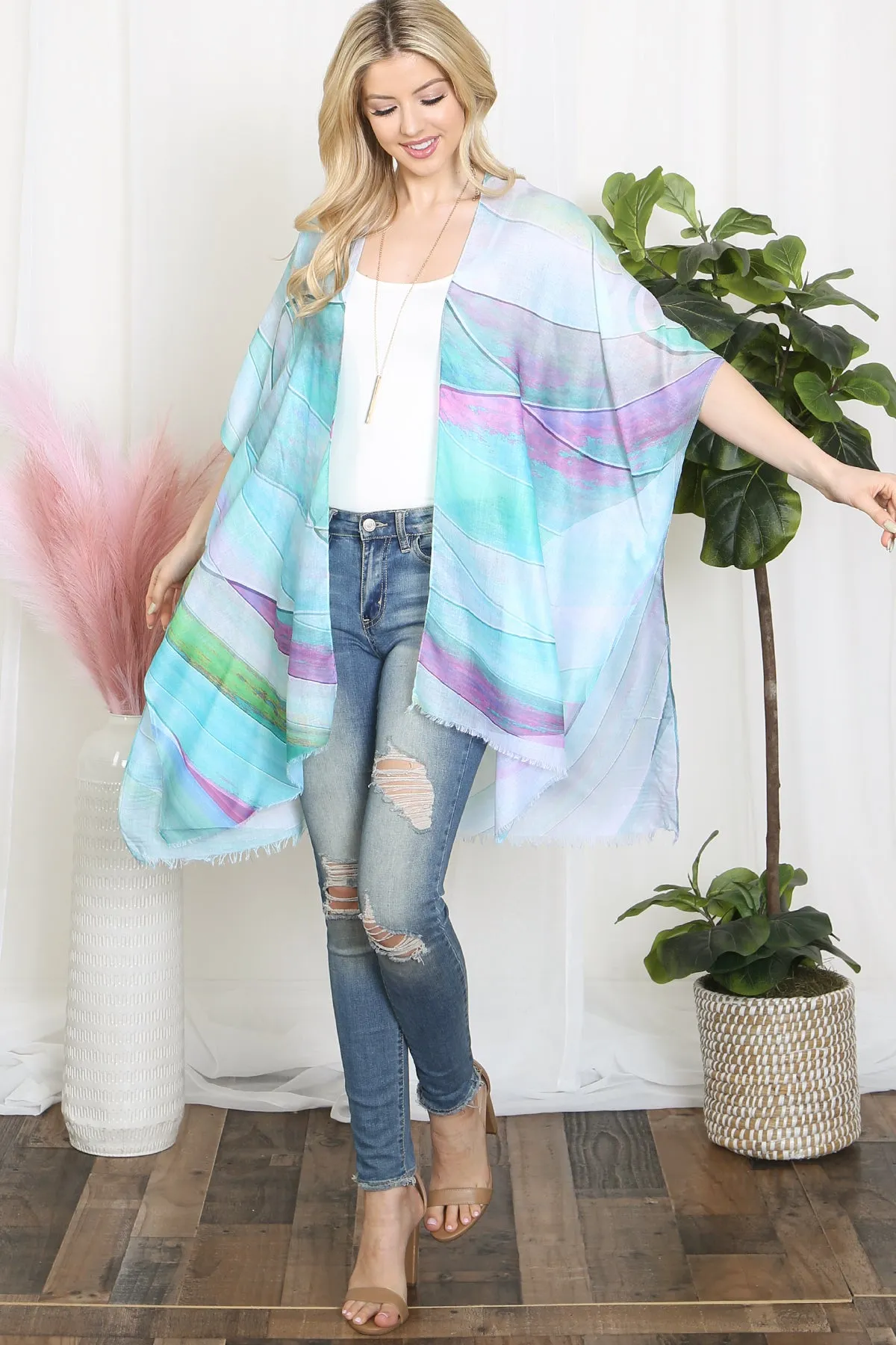 MULTICOLOR ABSTRACT PRINT TASSEL OPEN FRONT KIMONO