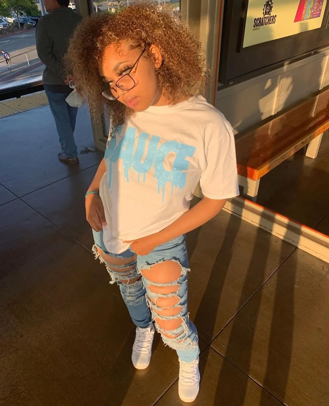 Neon Blue Glitter Sauce | White Tee