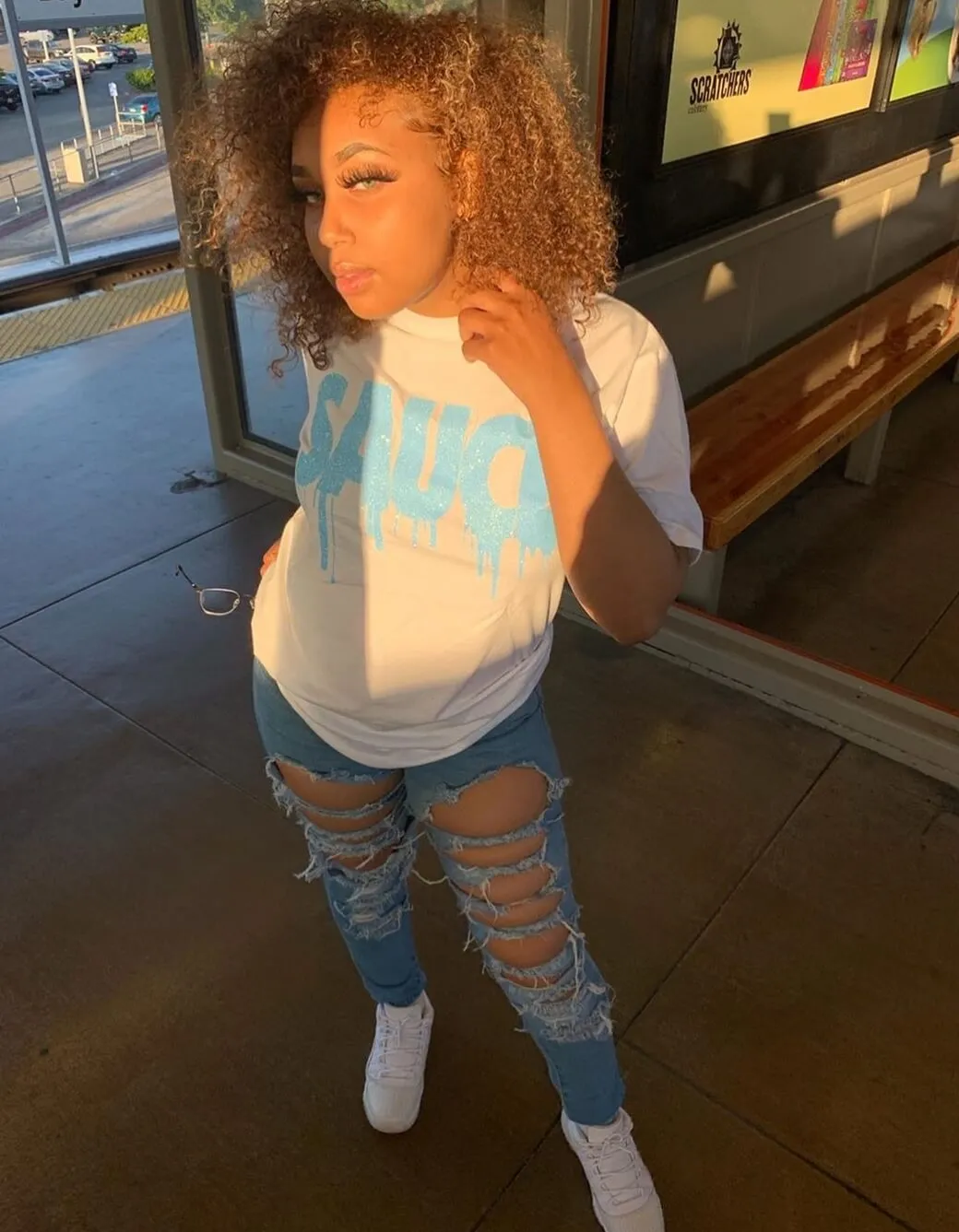Neon Blue Glitter Sauce | White Tee