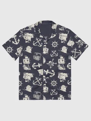 One Piece Sea Pattern Button Up Shirt - Navy