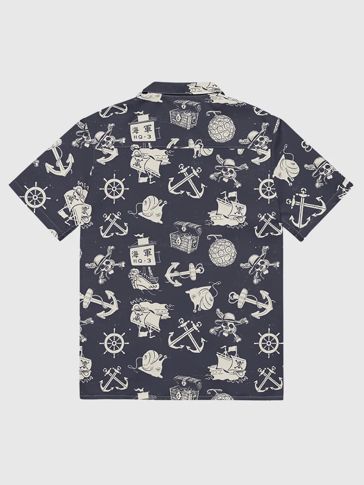 One Piece Sea Pattern Button Up Shirt - Navy