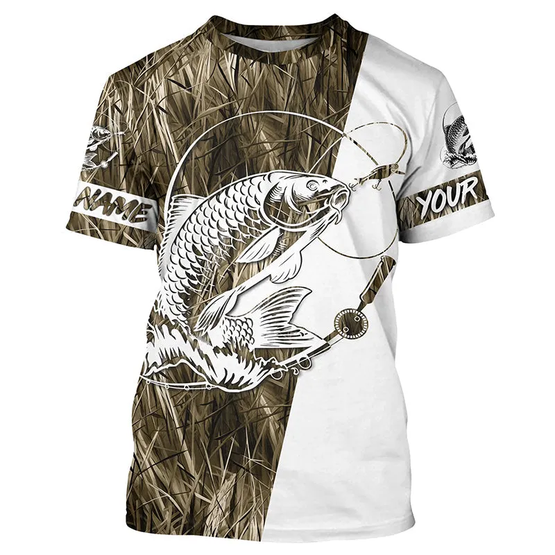 Personalized Carp Fishing Tattoo Grass Camo Long Sleeve Fishing Shirt, Carp Tournament Fishing Shirt IPHW7365