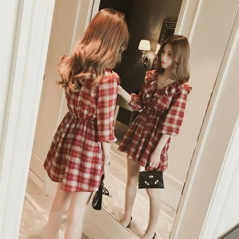 Plaid Ruffle Lantern Sleeve Shorts Dress