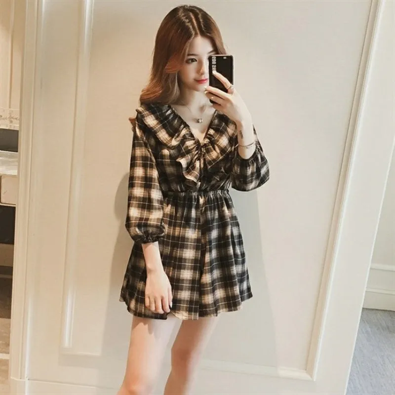 Plaid Ruffle Lantern Sleeve Shorts Dress