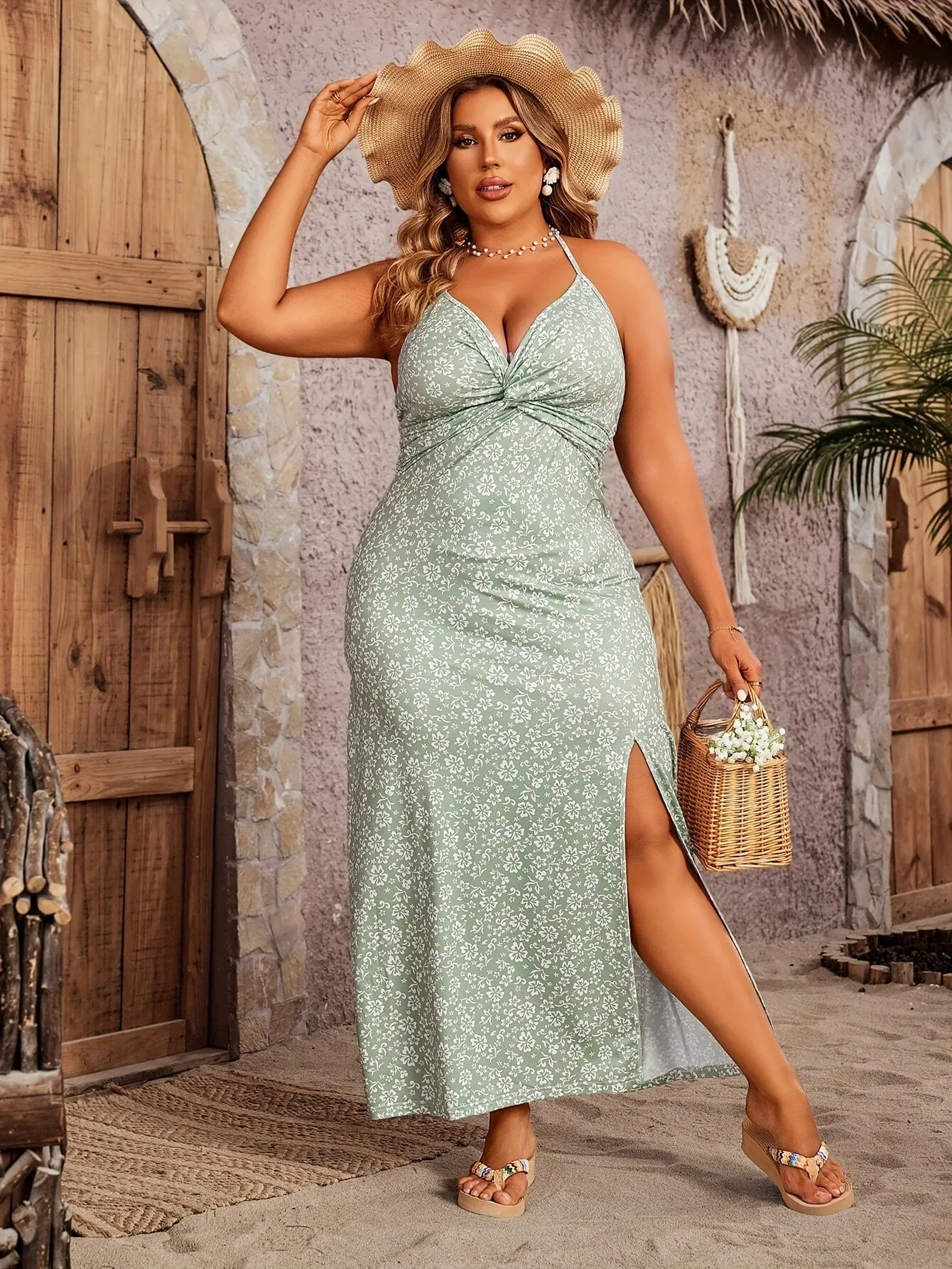 Plus Size Floral Print Halter Neck Slip Dress - Backless, Split Side, V Neck, Medium Stretch, Knitted Fabric - Perfect for Summer Vacation