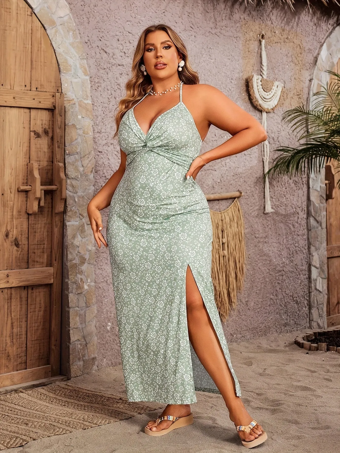 Plus Size Floral Print Halter Neck Slip Dress - Backless, Split Side, V Neck, Medium Stretch, Knitted Fabric - Perfect for Summer Vacation