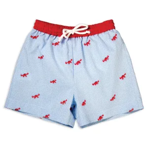 Red Crabs Blue Gingham Embroidered Boy Swim Shorts