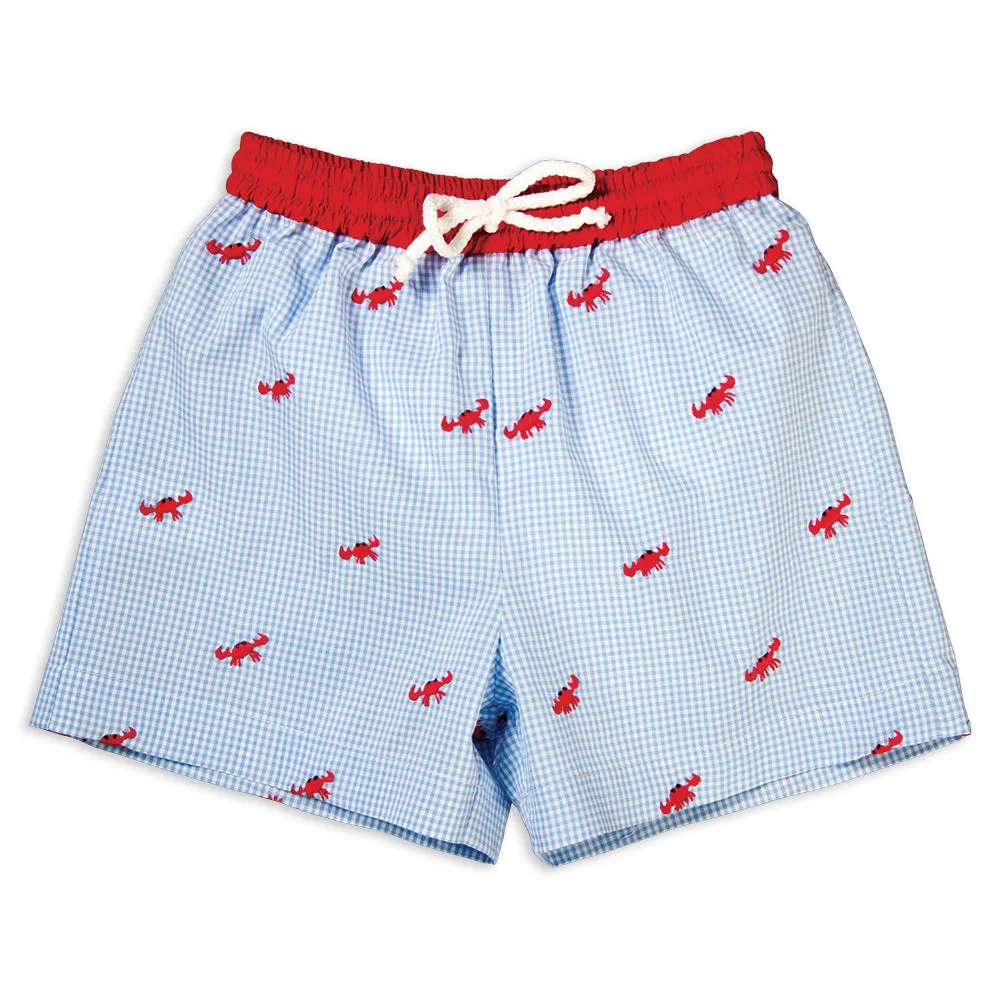 Red Crabs Blue Gingham Embroidered Boy Swim Shorts
