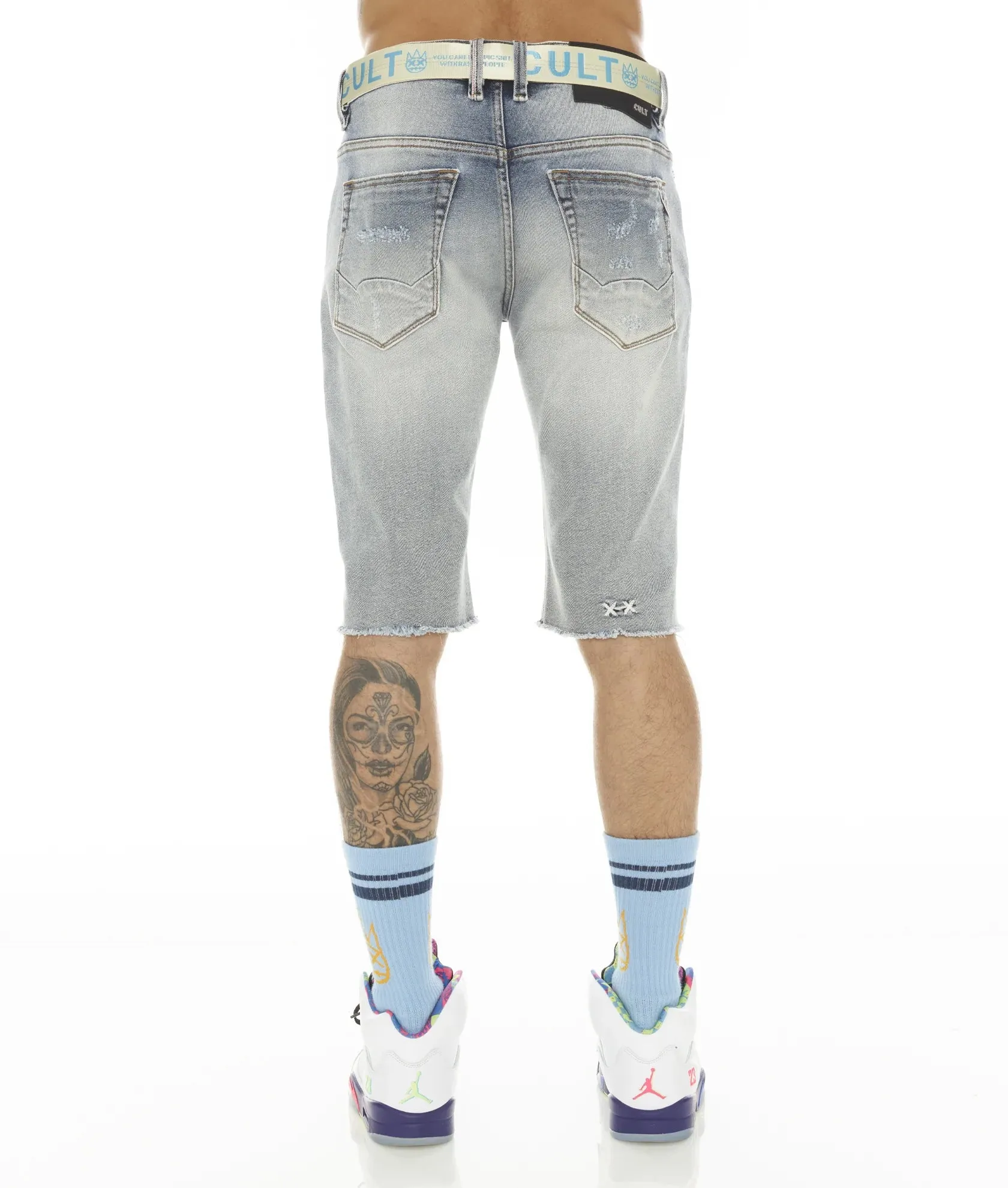 Rocker Men's Stretch Shorts w/ Belt In Bleach - Medium Blue