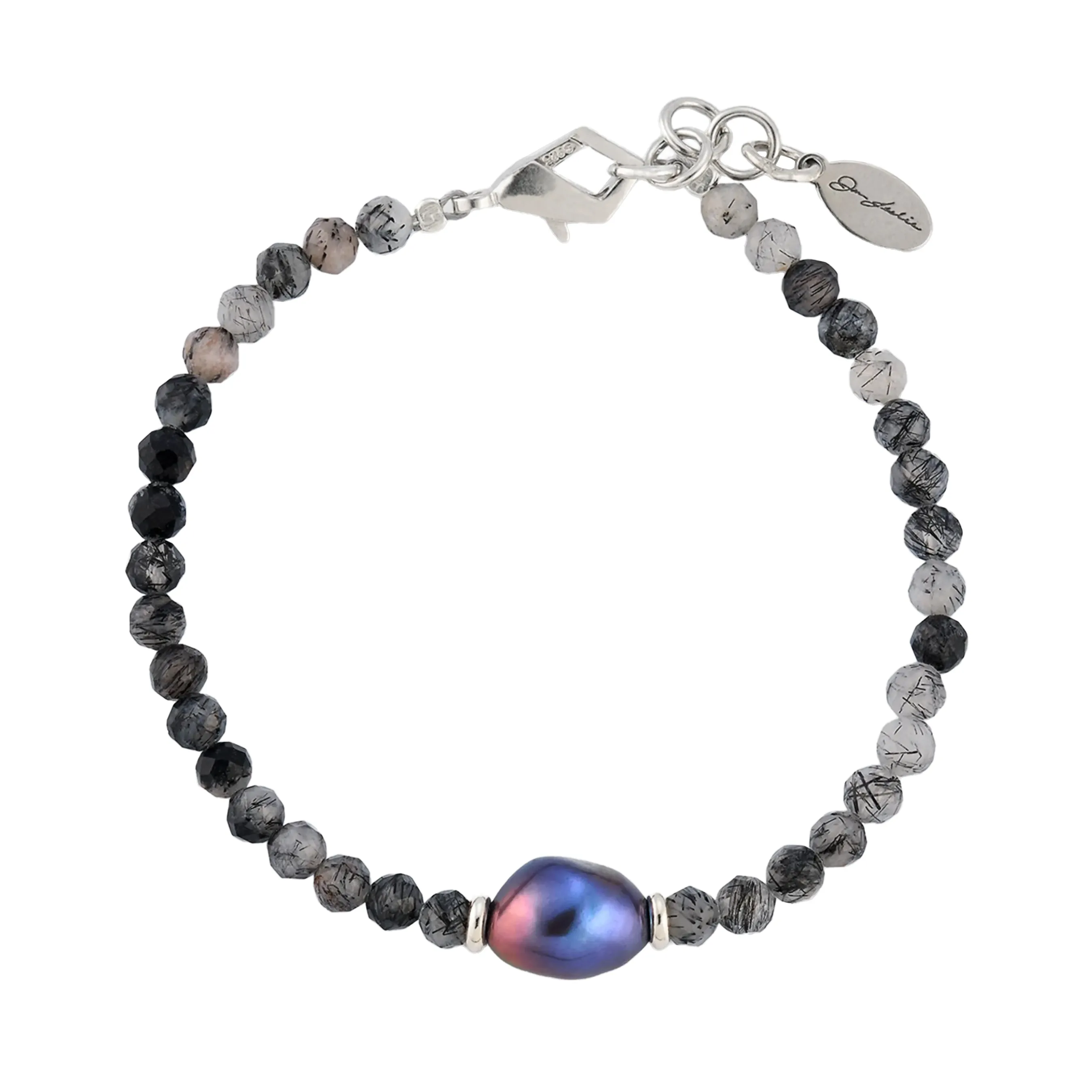 Rutliated Quartz Beaded Bracelet with Grey Pearl