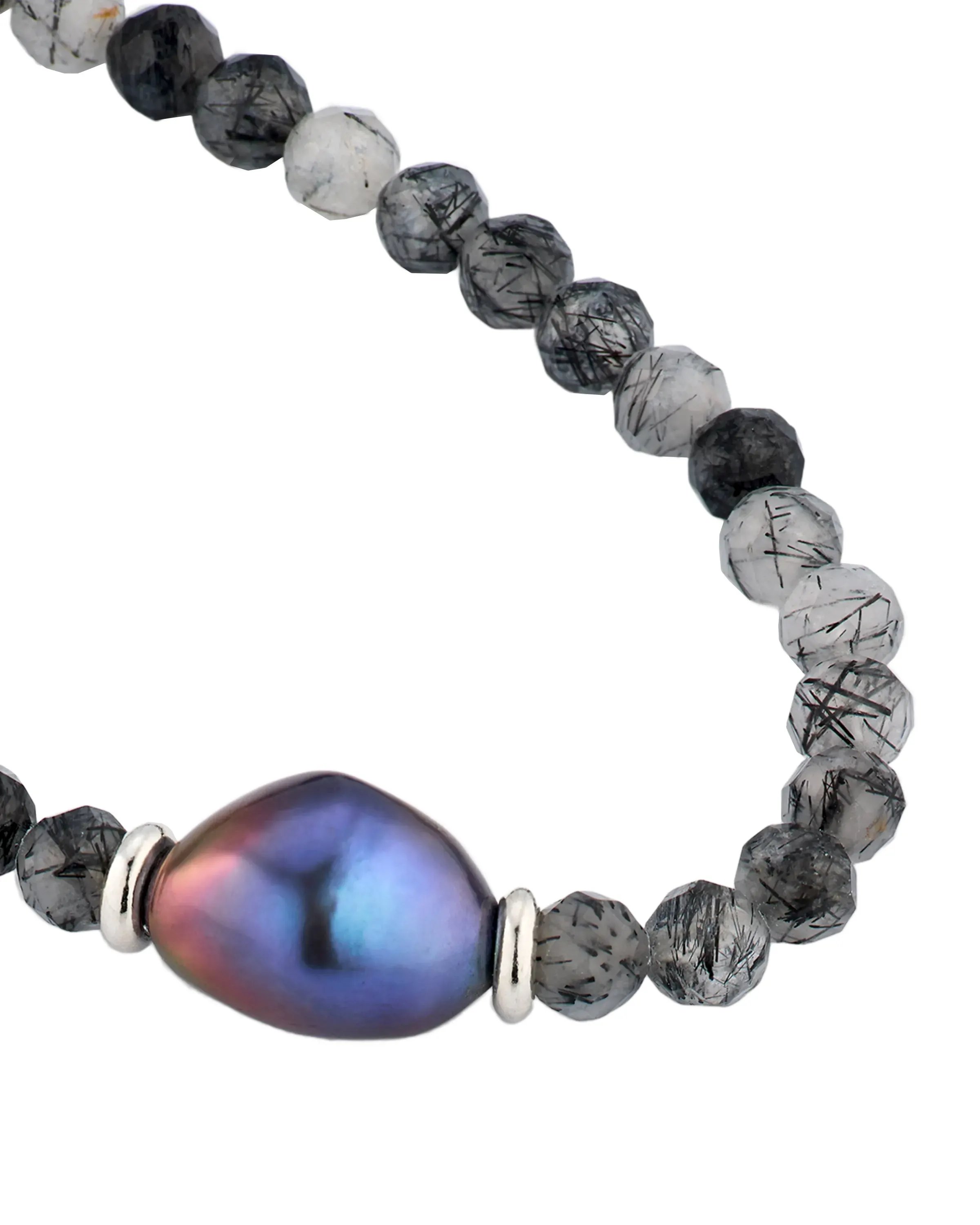 Rutliated Quartz Beaded Bracelet with Grey Pearl