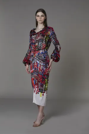 Saaksha & KinniÂ    I   AK print shirt with half ballooon sleeves  AK pinched skirt Blouse - Cotton Silk / Chiffon  Skirt - Satin Multi   SS22120    SS22121