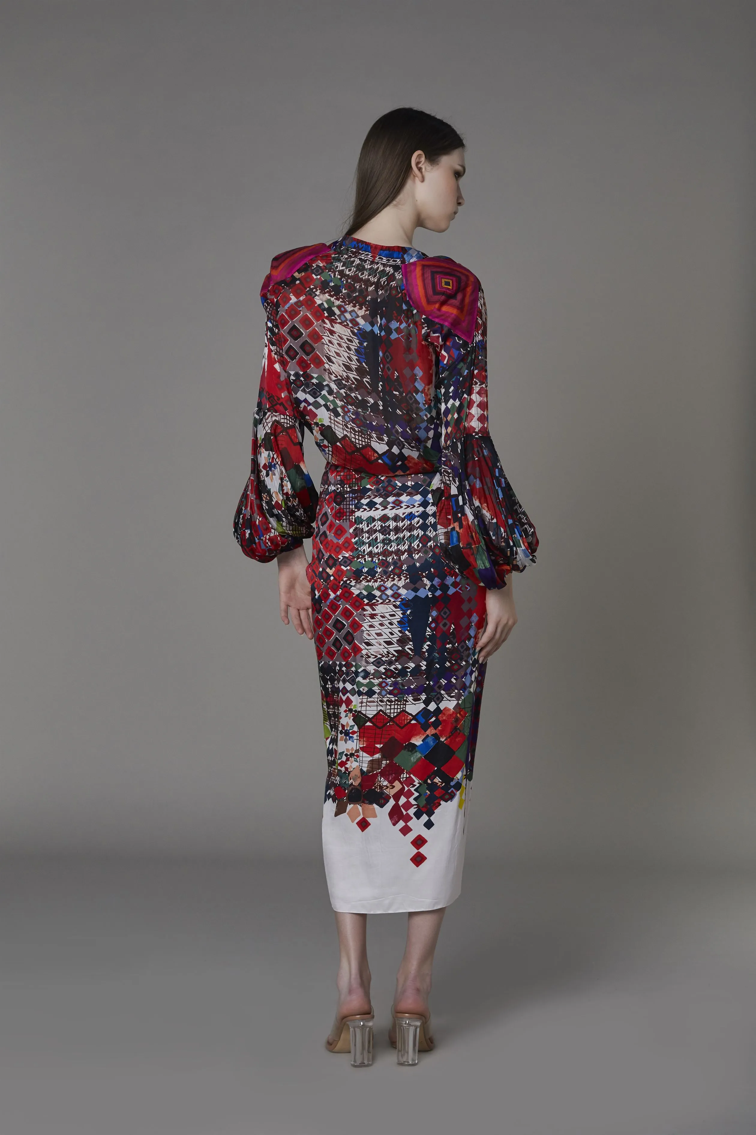 Saaksha & KinniÂ    I   AK print shirt with half ballooon sleeves  AK pinched skirt Blouse - Cotton Silk / Chiffon  Skirt - Satin Multi   SS22120    SS22121