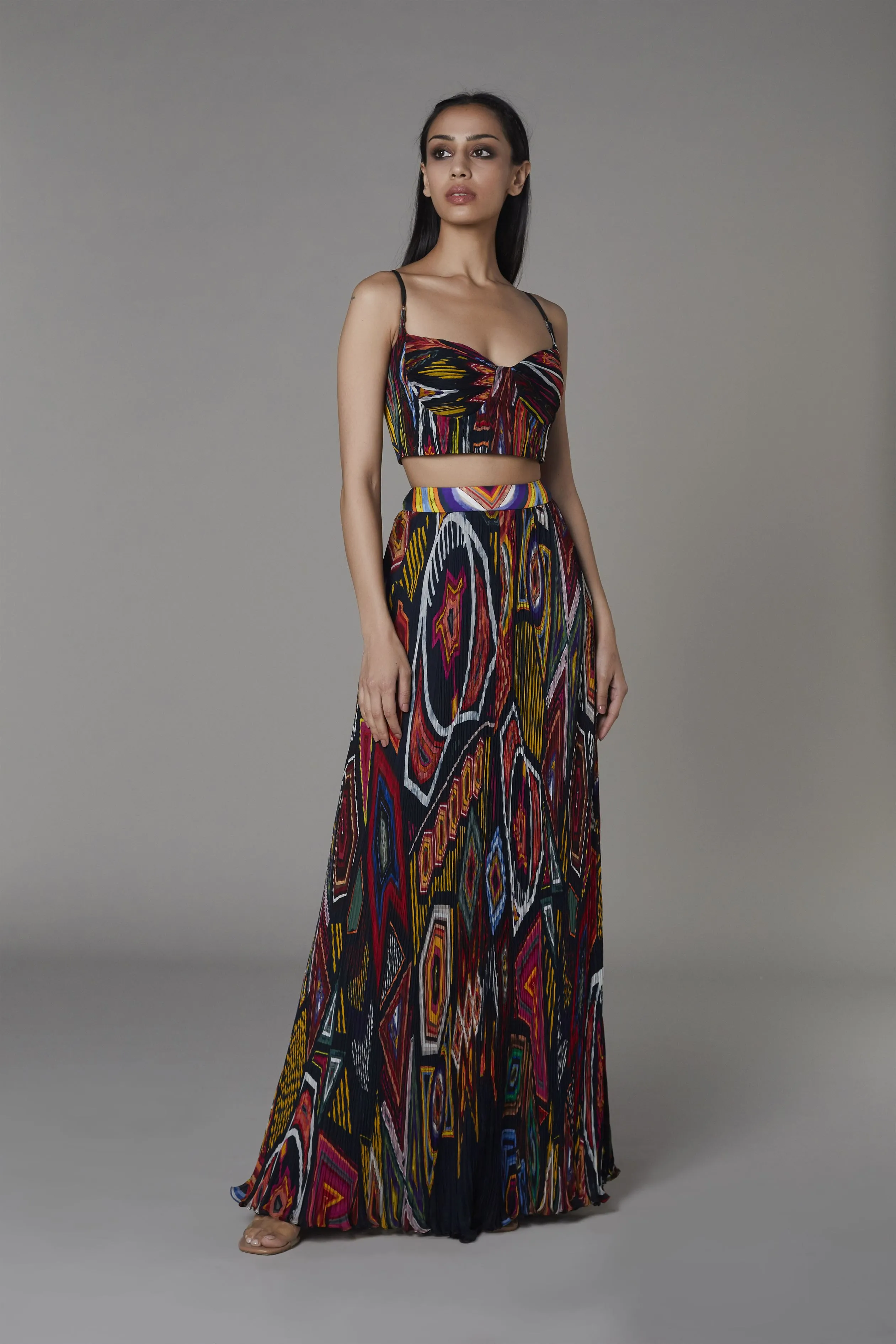 Saaksha & KinniÂ    I   Navy blue mix booti bustier  Navy blue mix booti pleated skirt Chiffon Multi   SS22113    SS22114