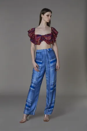Saaksha & KinniÂ    I   Red semi circle filmy bra  Light blue/blue stripe pants Bralette - Chiffon / Satin  Trousers - Satin Bralette - Red/Multi  Trousers - Blue SS22132    SS22123