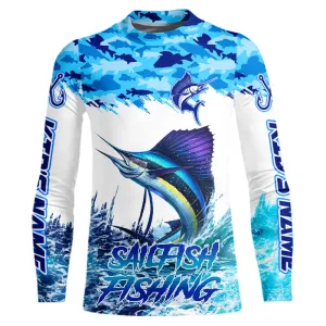 Sailfish fishing Blue sea camo Custom UV protection Kid long sleeve shirt, Sailfish Fishing jersey NQS9342