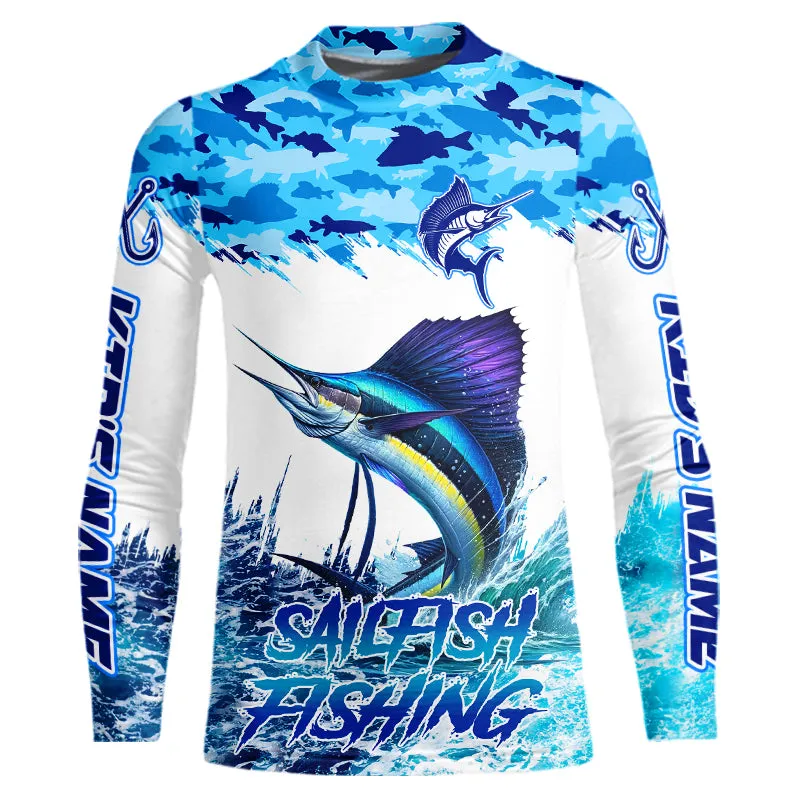 Sailfish fishing Blue sea camo Custom UV protection Kid long sleeve shirt, Sailfish Fishing jersey NQS9342