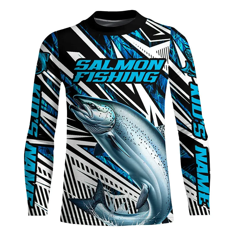 Salmon Fishing Custom Long Sleeve Performance Fishing Shirts, Blue Camo Salmon Fishing Jerseys IPHW6087