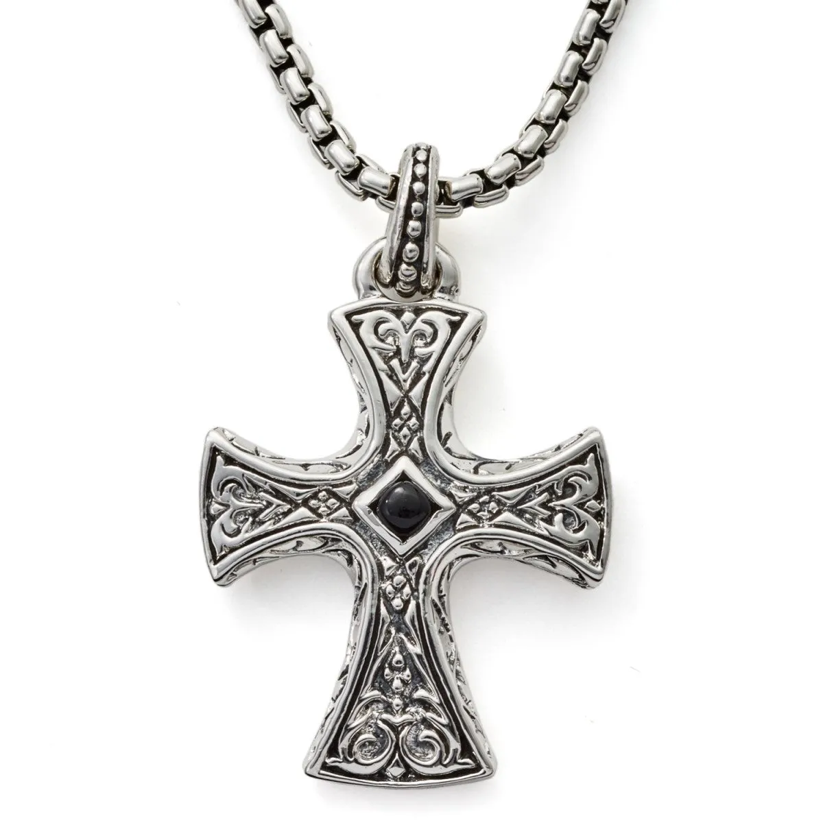 Scott Kay Sterling Silver Sparta Engraved Cross Necklace with 26 Inch Sterling Silver Box Chain