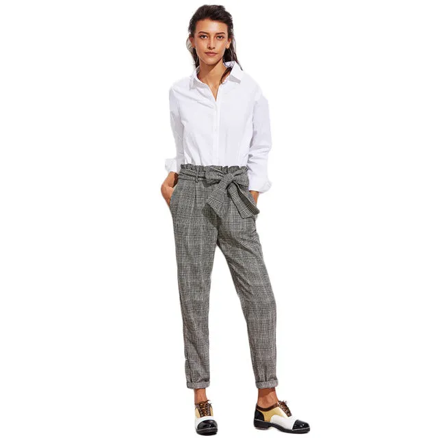 Sheinside Frill Belted Bow Waist Plaid Pants 2017 Mid Waist Long Straight Trouser With Zipper Fly Women Elegant Work Pants