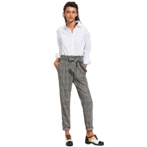 Sheinside Frill Belted Bow Waist Plaid Pants 2017 Mid Waist Long Straight Trouser With Zipper Fly Women Elegant Work Pants
