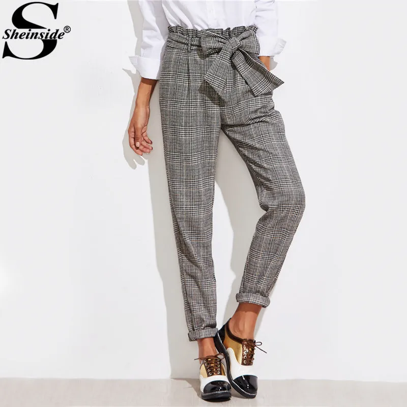 Sheinside Frill Belted Bow Waist Plaid Pants 2017 Mid Waist Long Straight Trouser With Zipper Fly Women Elegant Work Pants