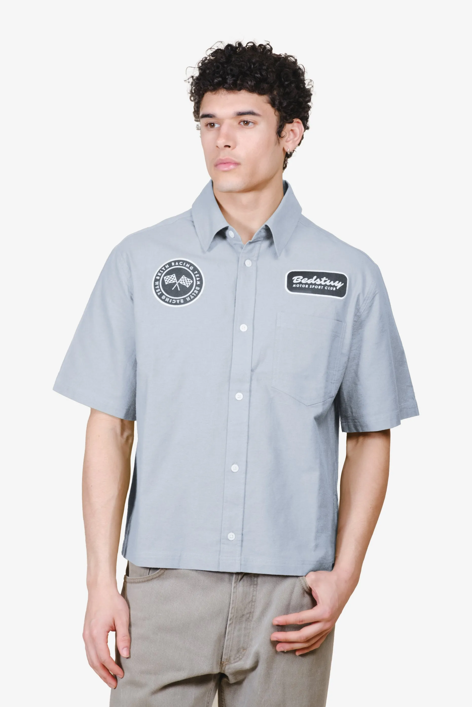 Short-Sleeve Cropped Bedstuy Motor Club Button Up Shirt