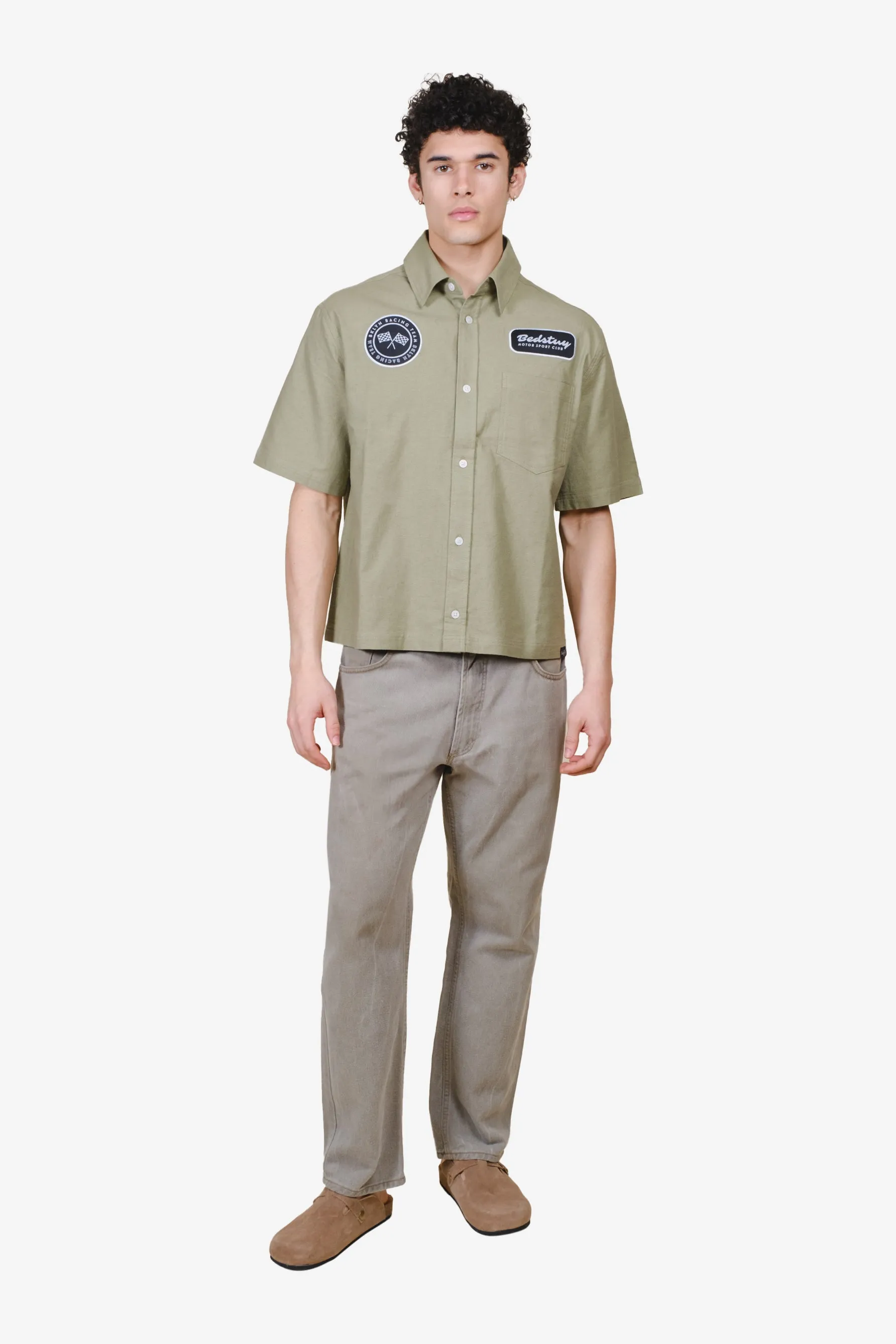 Short-Sleeve Cropped Bedstuy Motor Club Button Up Shirt