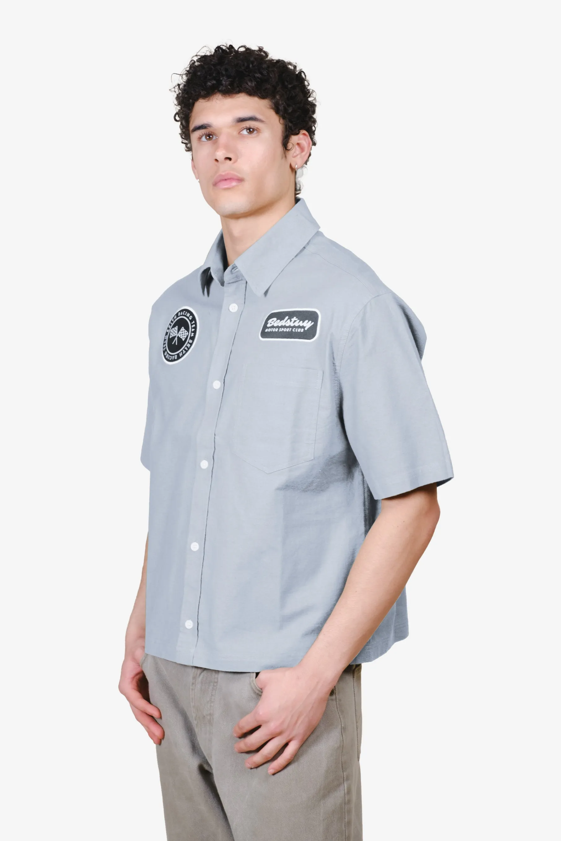 Short-Sleeve Cropped Bedstuy Motor Club Button Up Shirt