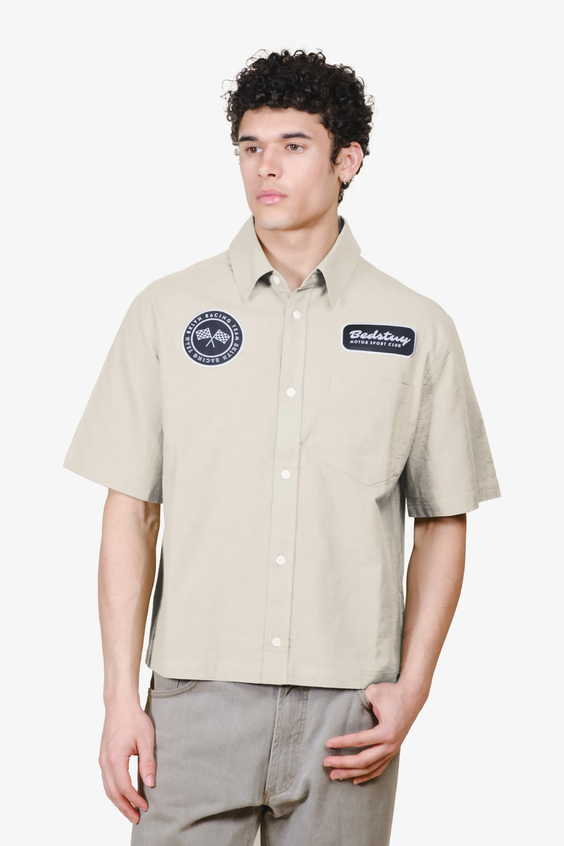 Short-Sleeve Cropped Bedstuy Motor Club Button Up Shirt