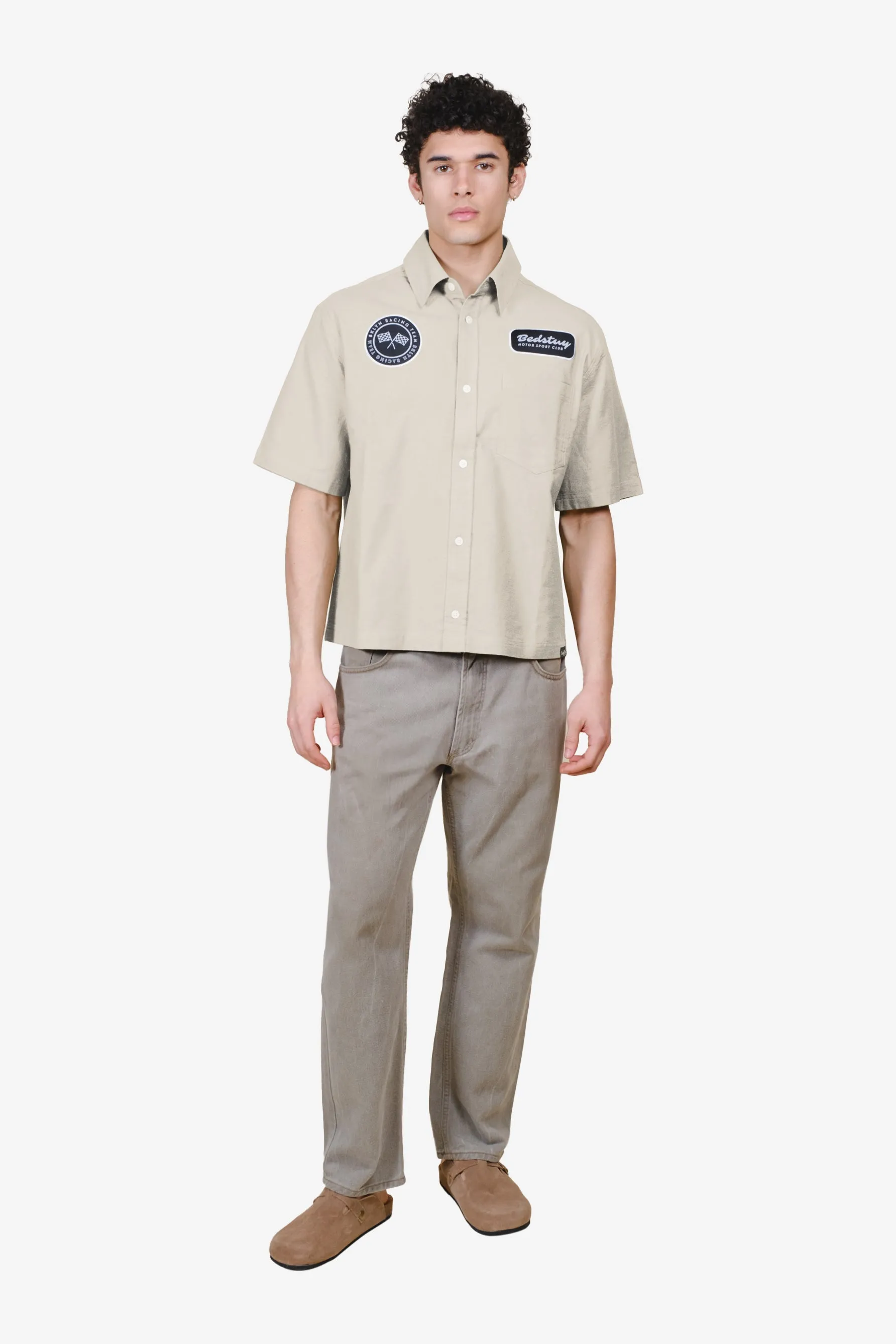 Short-Sleeve Cropped Bedstuy Motor Club Button Up Shirt