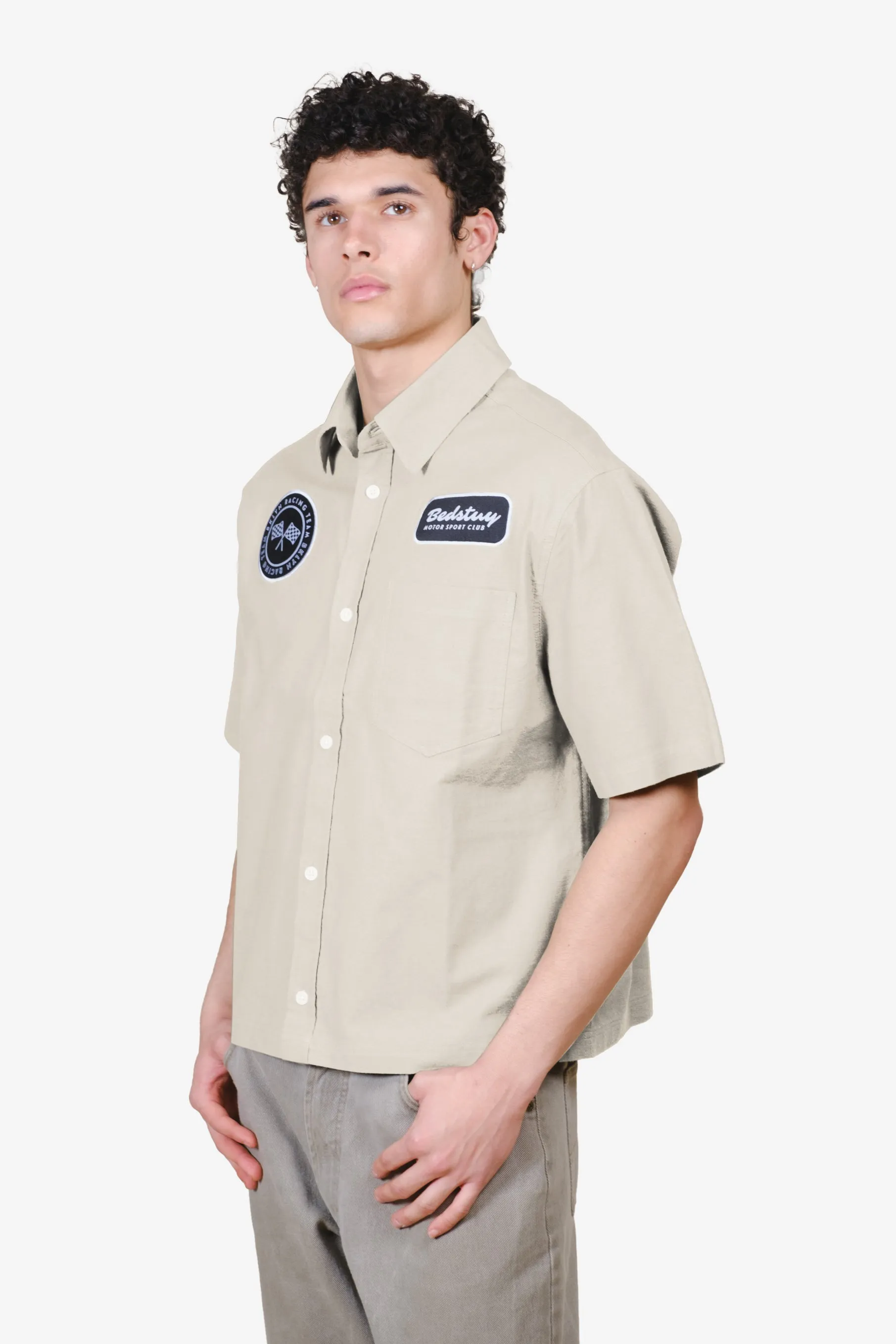 Short-Sleeve Cropped Bedstuy Motor Club Button Up Shirt