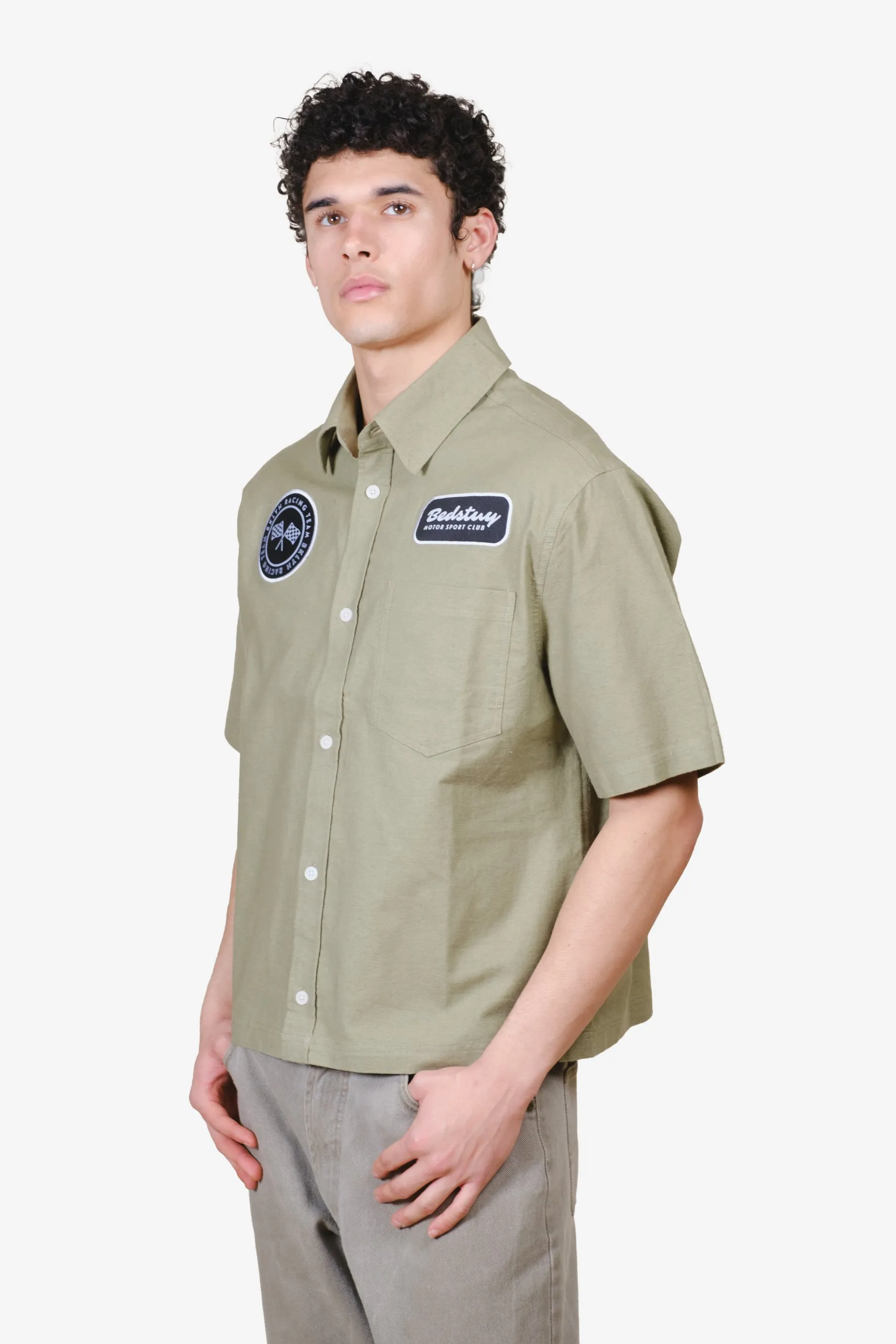Short-Sleeve Cropped Bedstuy Motor Club Button Up Shirt