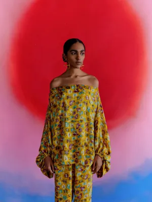 Studio Rigu   I   Womenswear, Western Morton Off Shoulder Top Yellow Base With Small Flower In Red /Pink/ Blue  Srdd011