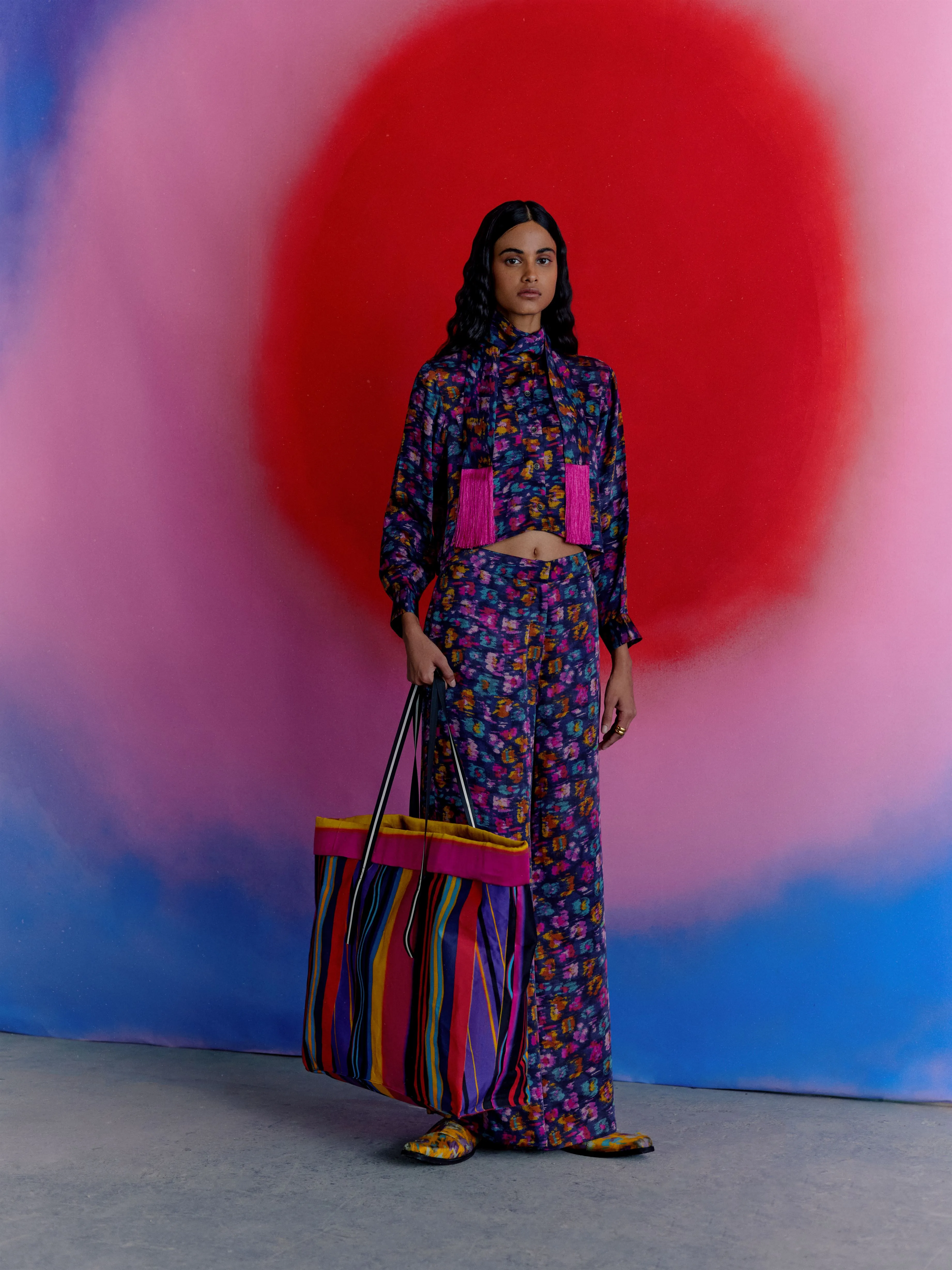 Studio Rigu   I   Womenswear, Western Warlow Flared Trousers Blue Base With Small Flower In Red /Pink/ Blue  Srdd010