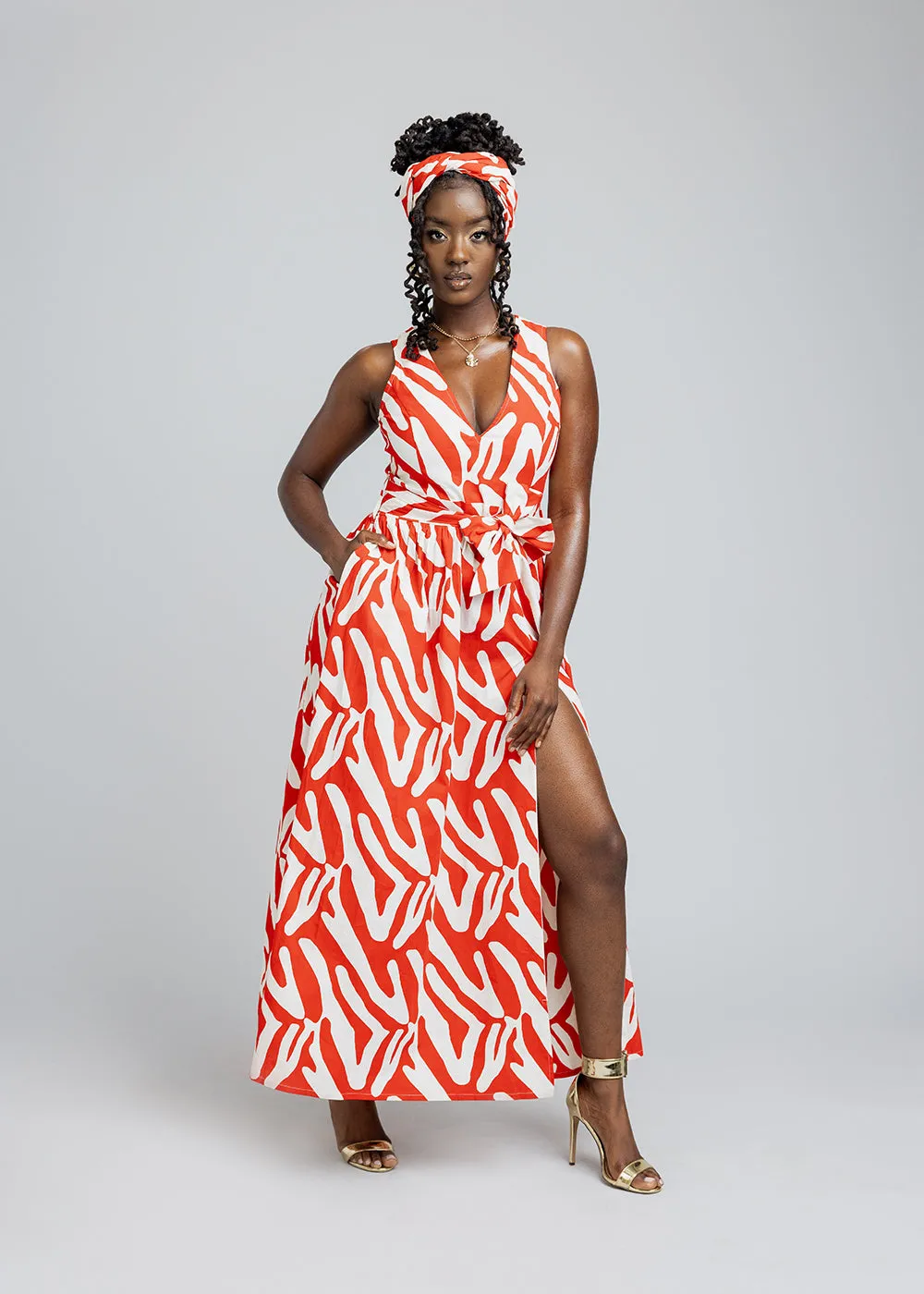 Tinashe Women's African Print Maxi Dress (Deep Orange Zebra Abstract) - Clearance