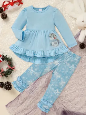 Toddler Girl's Festive Santa Claus Outfit - Ruffled Hem Long Sleeve Top with Cute Print, Flared Pants Set for Party Casual Wear - Soft, Comfortable, and Adorable Clothing for Festive Occasions and Holiday Parties