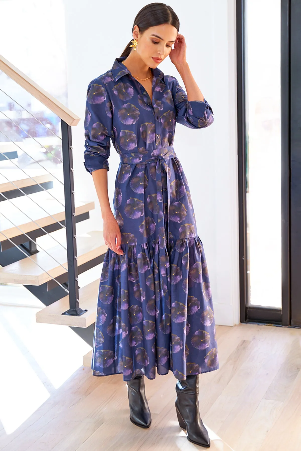 Trisha Maxi Tie Front Shirt Dress Olive Watercolor Pansy