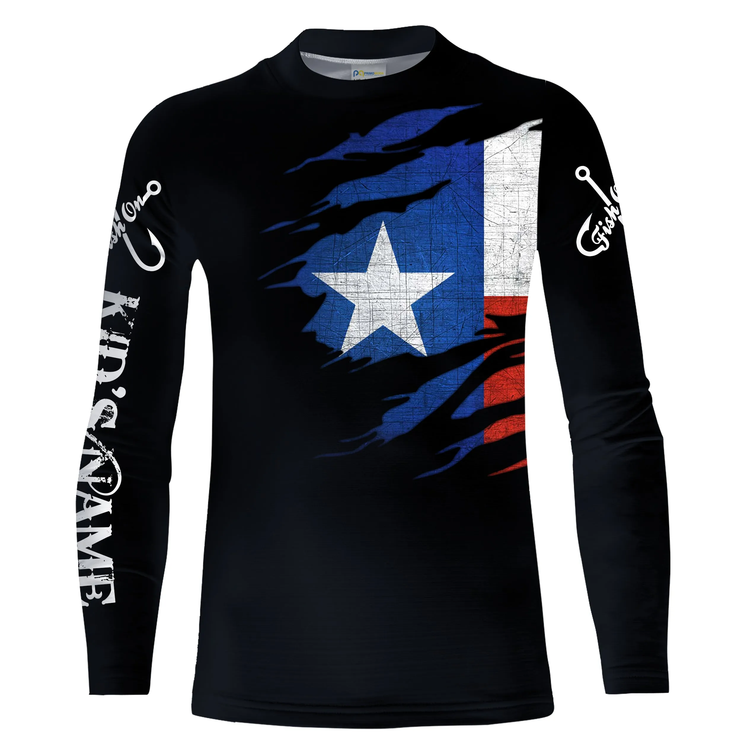 TX fishing fish on black Texas flag Custom UV protection long sleeves fishing shirt for kid NPQ73