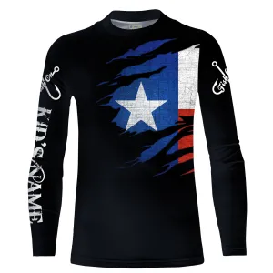 TX fishing fish on black Texas flag Custom UV protection long sleeves fishing shirt for kid NPQ73
