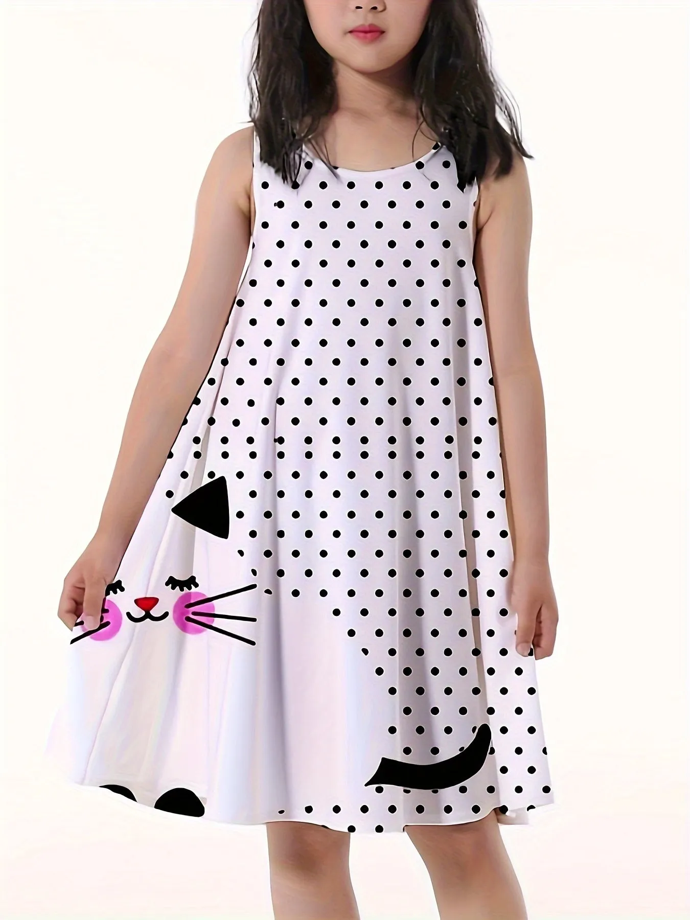 Vibrant Polka Dots Cat Print Cami Dress for Girls - Soft Slight Stretch Polyester A-line Sundress with Sleeveless Design for Summer Vacation - Machine Washable, Regular Fit, Loose Silhouette, and Knit Fabric