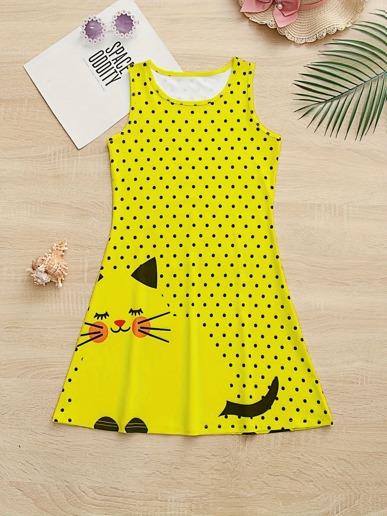Vibrant Polka Dots Cat Print Cami Dress for Girls - Soft Slight Stretch Polyester A-line Sundress with Sleeveless Design for Summer Vacation - Machine Washable, Regular Fit, Loose Silhouette, and Knit Fabric