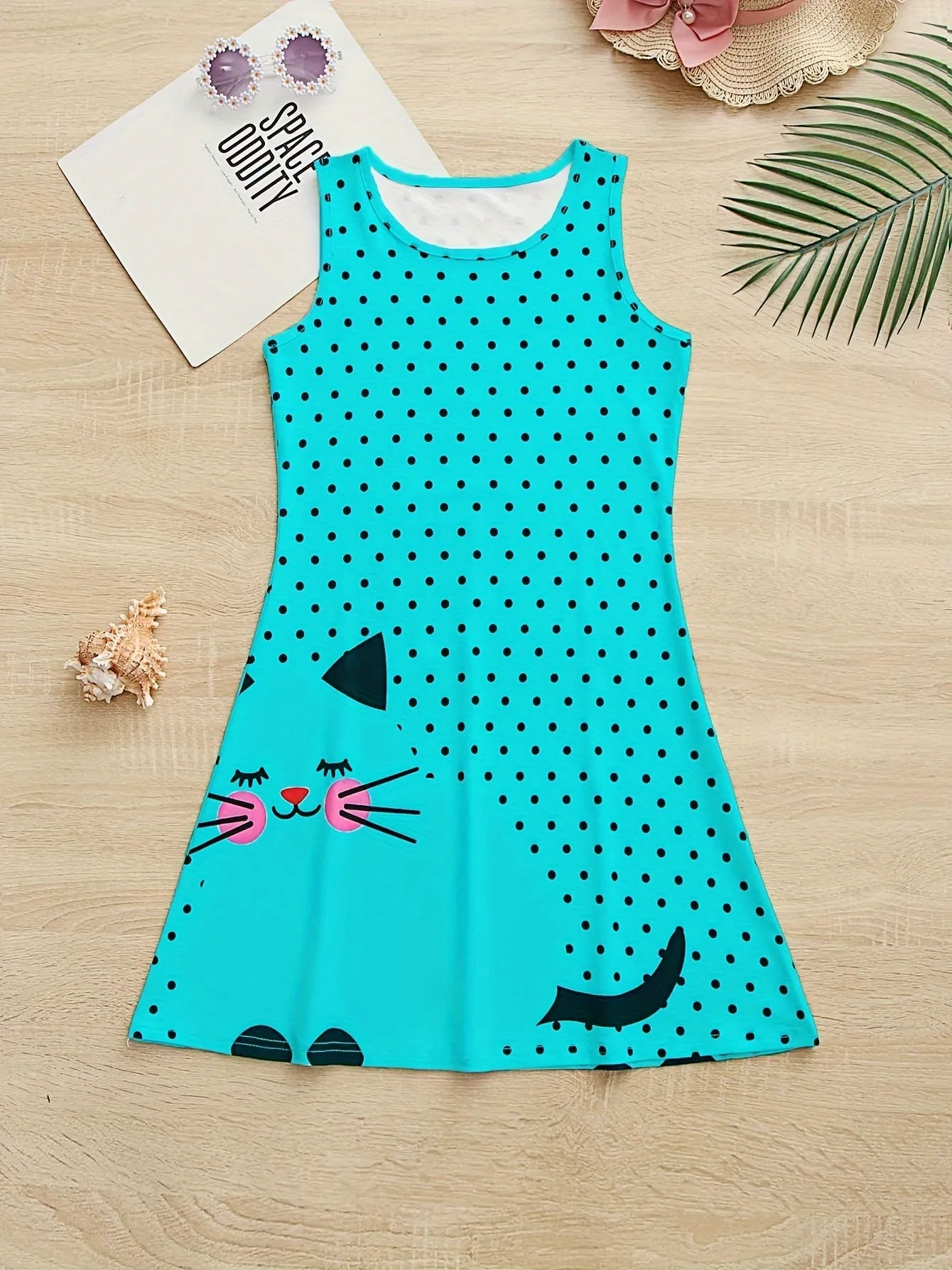 Vibrant Polka Dots Cat Print Cami Dress for Girls - Soft Slight Stretch Polyester A-line Sundress with Sleeveless Design for Summer Vacation - Machine Washable, Regular Fit, Loose Silhouette, and Knit Fabric